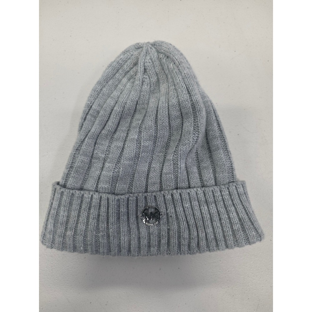 Michael Kors Gray Ribbed Knit Cuffed Beanie Hat with Silver MK Logo Medallion